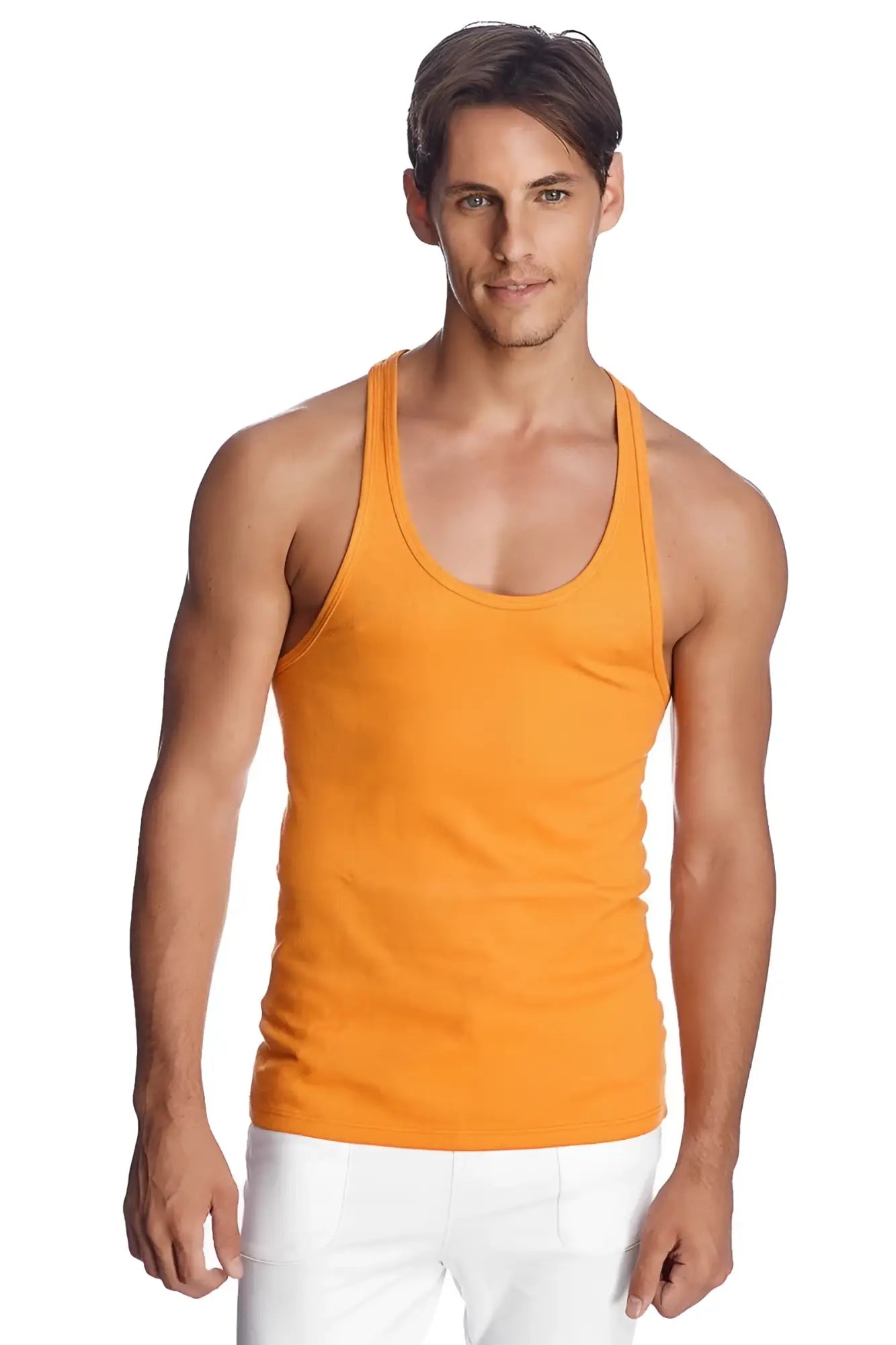 Orange ribbed racer-back yoga tank top in breathable fabric designed for comfortable activewear use