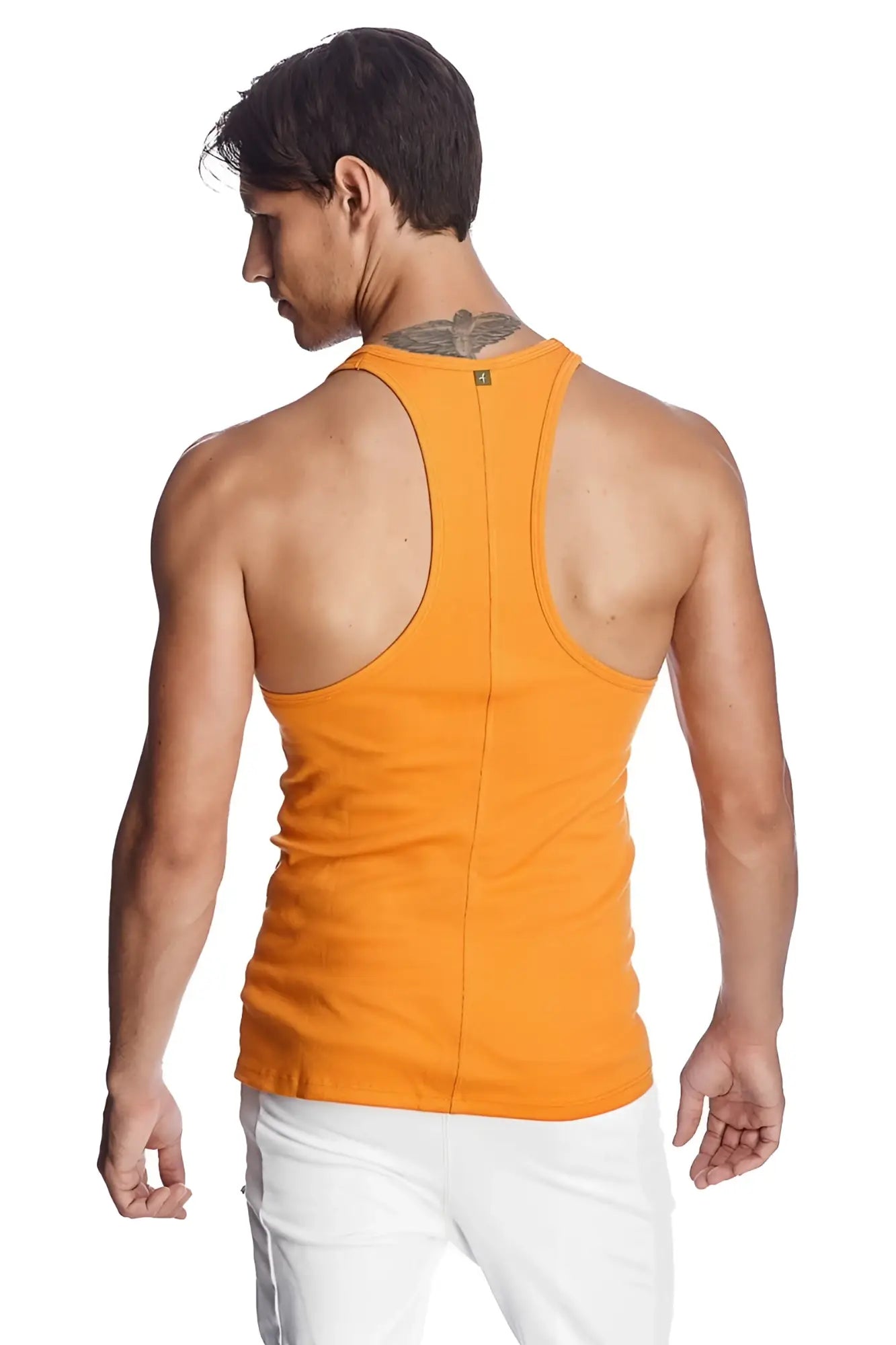 Orange ribbed racerback yoga tank top showing back side with breathable fabric for active wear