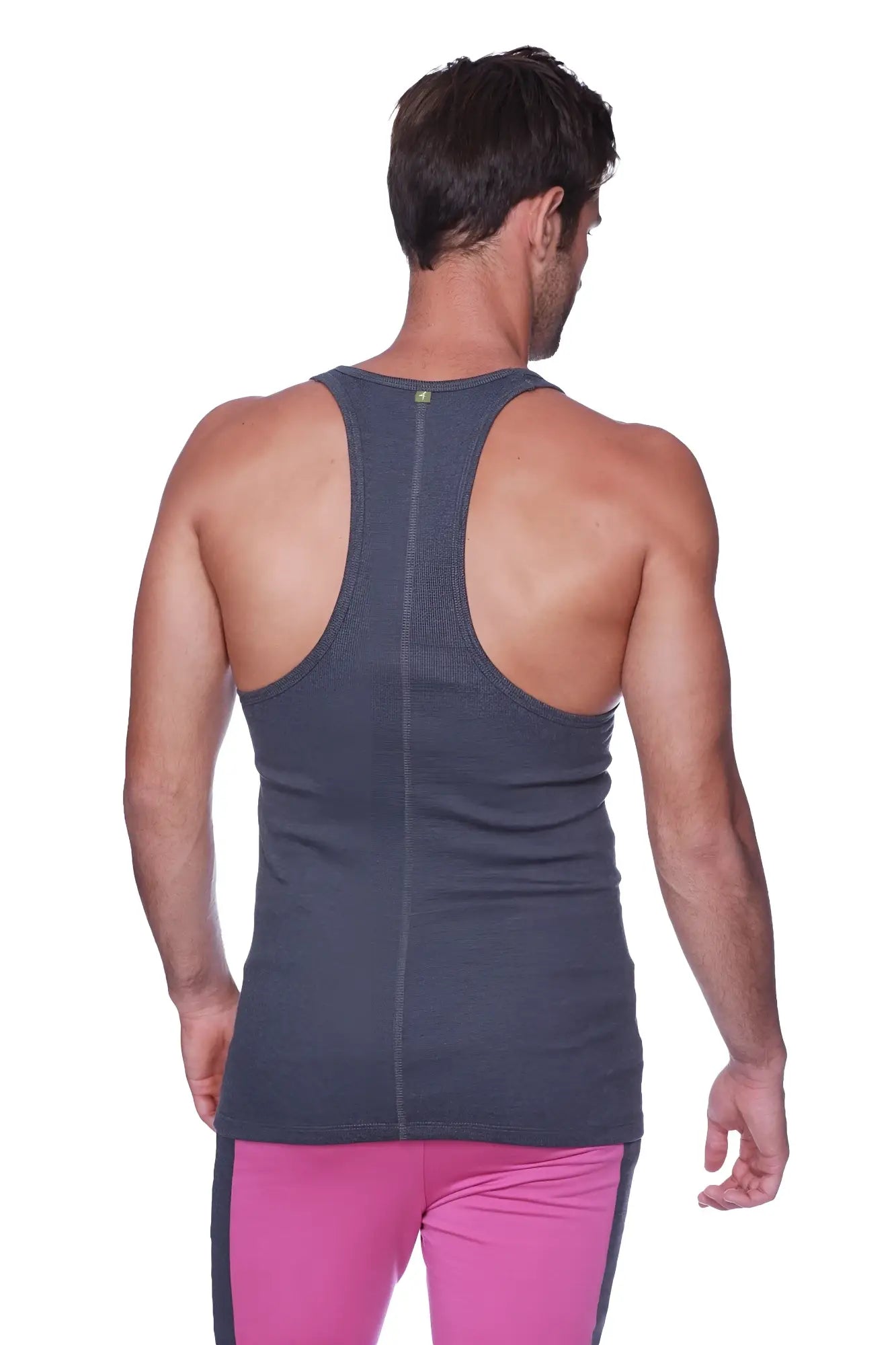 Dark gray textured racerback yoga tank top with a subtle center seam designed for comfortable workouts