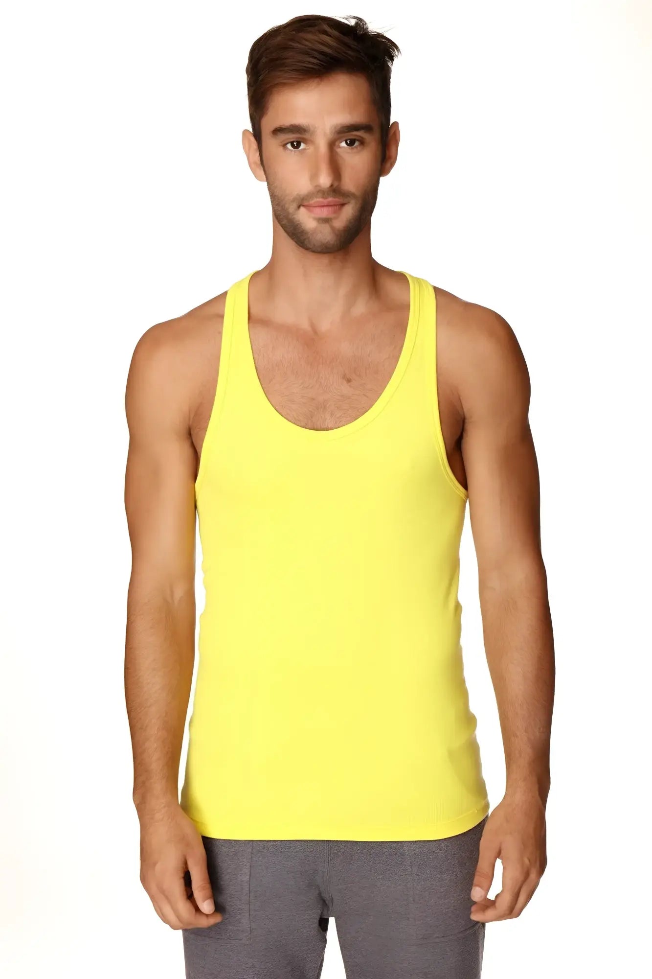 Bright yellow racerback yoga tank top with a simple fitted design ideal for activewear and workouts