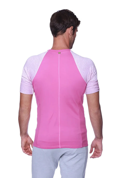 Pink raglan virtual crew neck athletic shirt with light gray and white striped shoulders for active wear