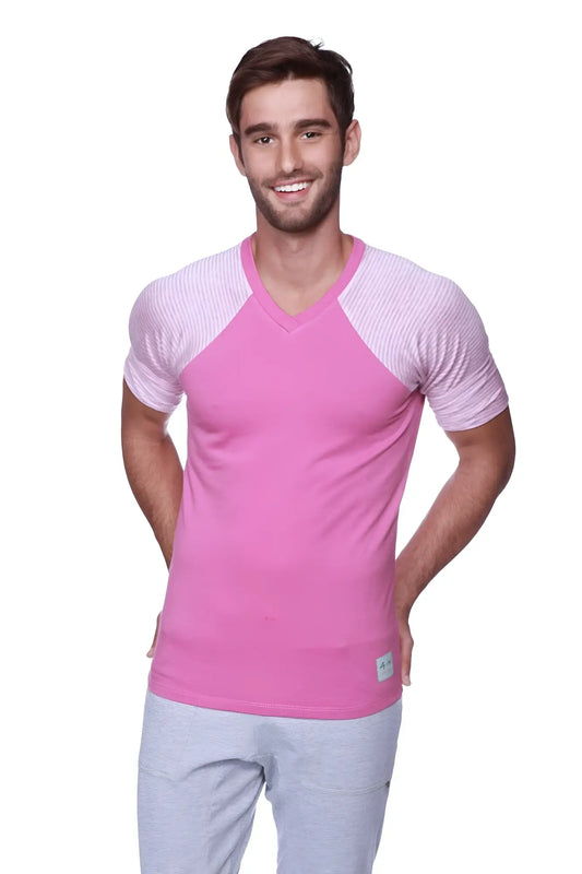 Pink and light purple raglan sleeve v neck t shirt with subtle ribbed texture on shoulders in berry with pink and grey stripe
