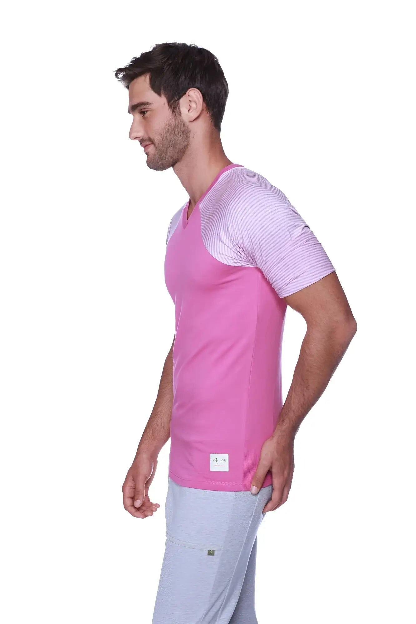 A vibrant pink and light purple striped raglan sleeve t-shirt with a subtle textured pattern called raglan virtual crew neck berry w pink and grey stripe
