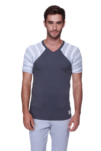Men’s dark gray raglan virtual crew neck t-shirt with light gray and white striped sleeves in charcoal color