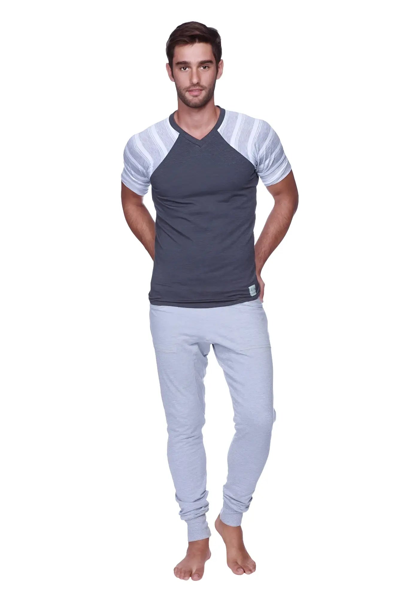 Men’s raglan virtual crew neck t-shirt with gray white stripes and charcoal sleeves in cotton blend fabric