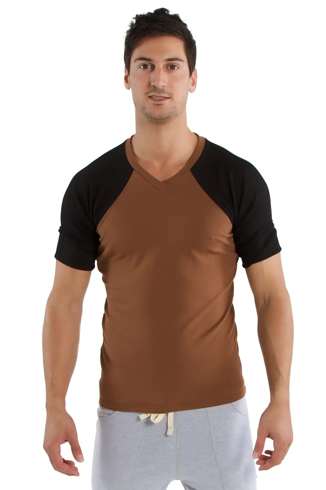 Brown and black raglan sleeve v-neck t-shirt made from soft fabric ideal for casual wear