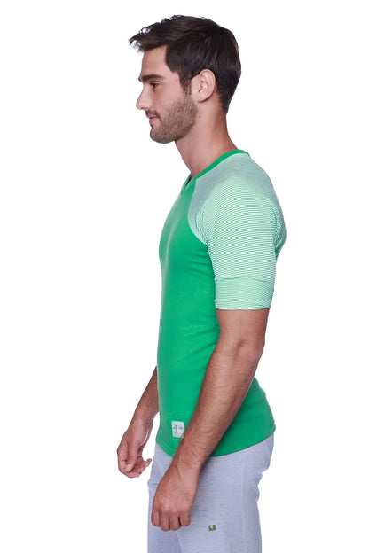Green raglan virtual crew neck baseball-style t-shirt with light green and white striped sleeves for casual wear