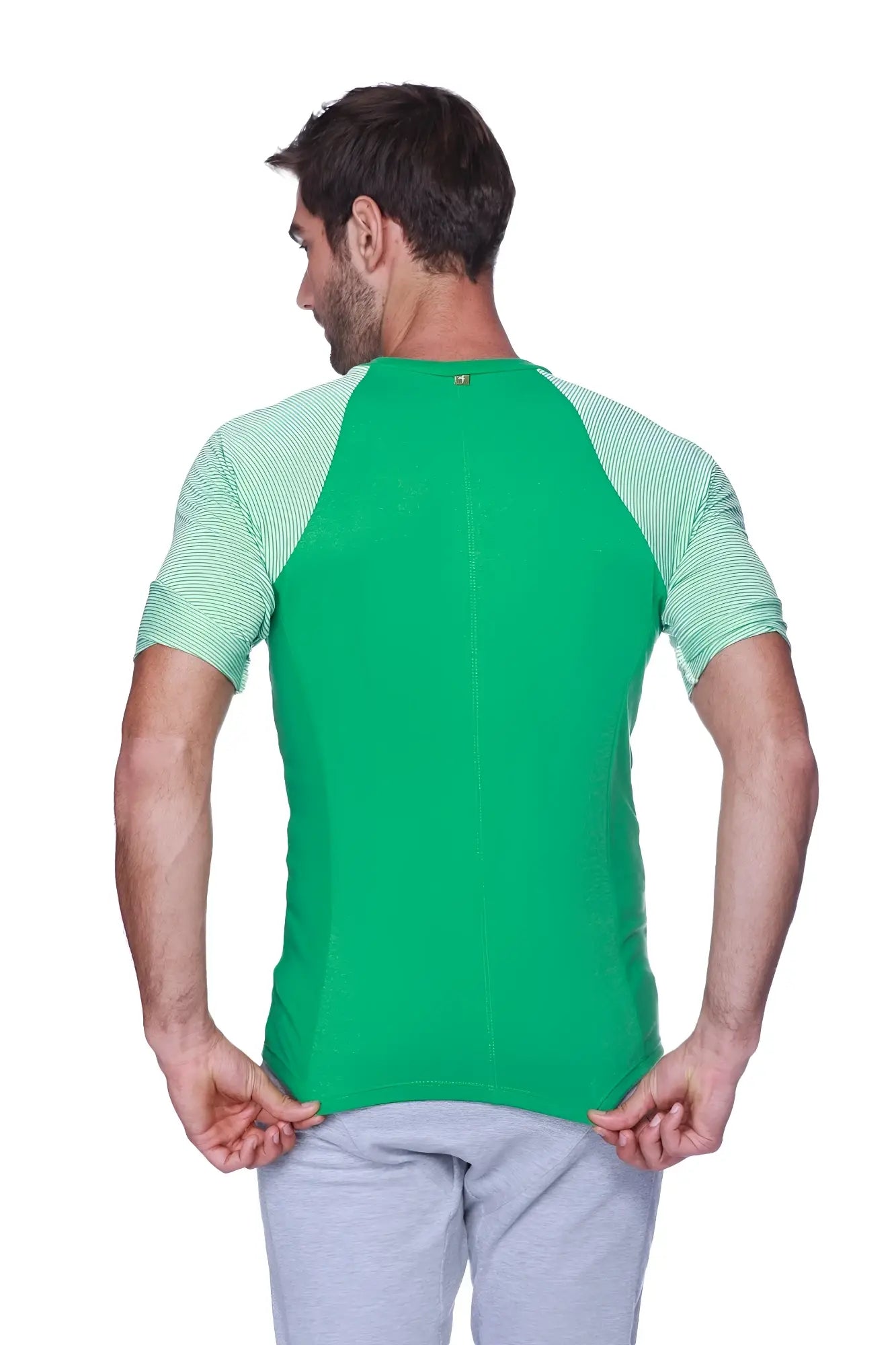 Raglan virtual crew neck t-shirt with green and green white striped raglan sleeves in soft breathable fabric