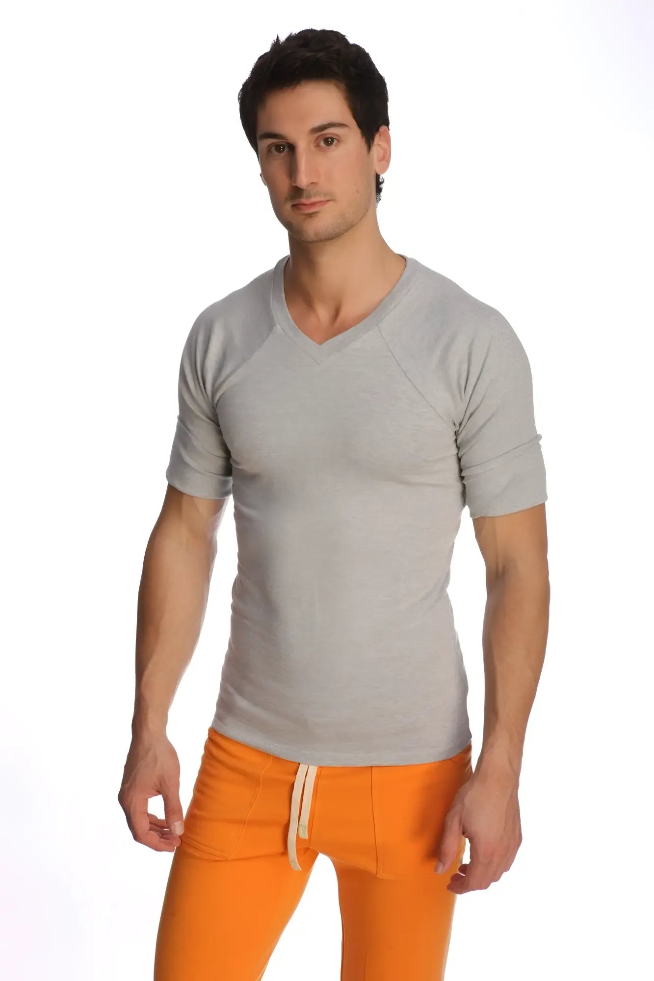 A slim-fit heather grey raglan virtual crew neck t-shirt with short sleeves and subtle ribbed detailing on the sleeves