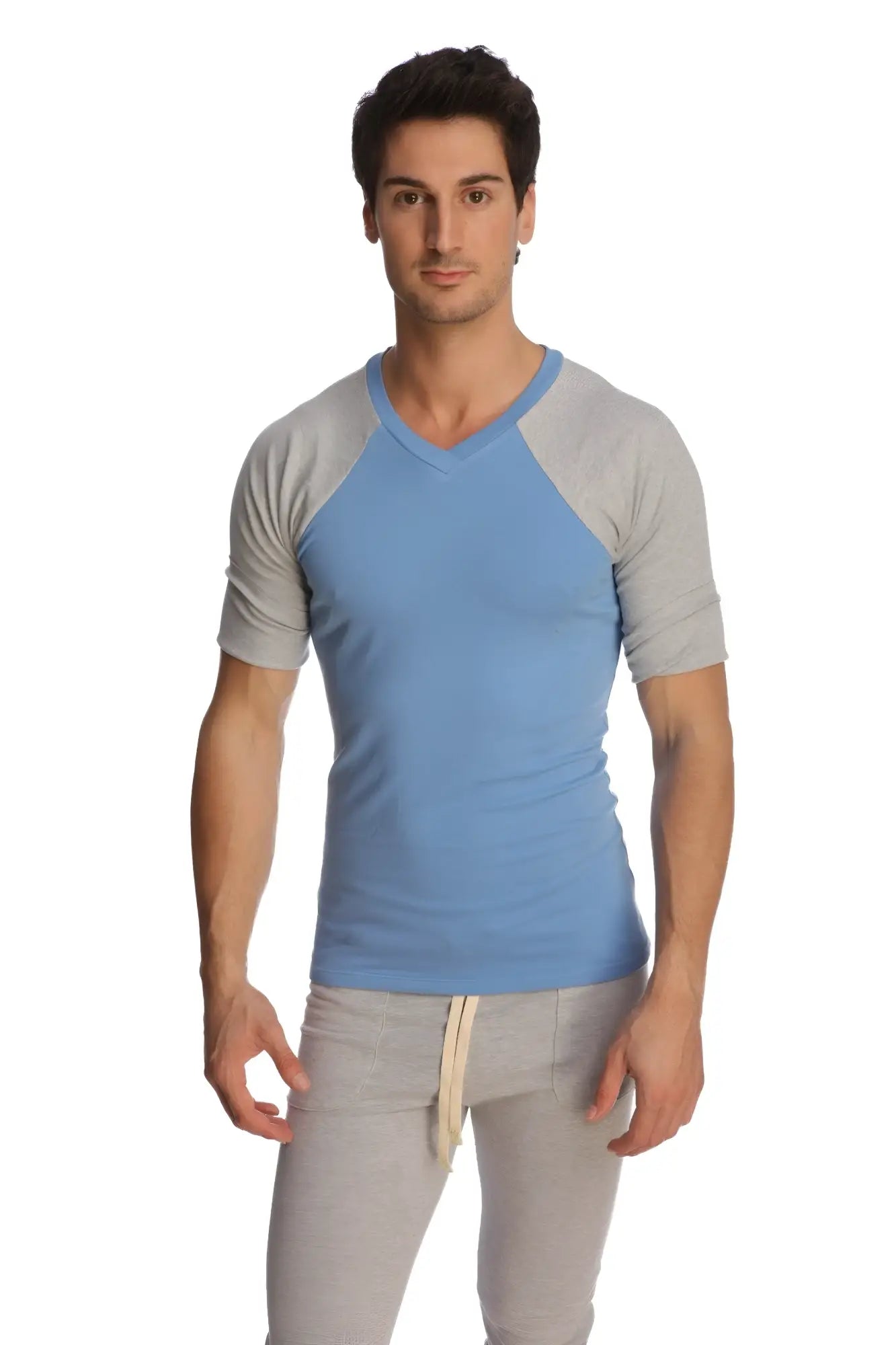 Light blue and gray raglan sleeves v neck t shirt made of soft breathable fabric ideal for casual wear