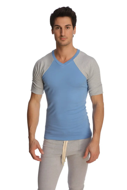 Light blue and gray raglan sleeves v neck t shirt made of soft breathable fabric ideal for casual wear