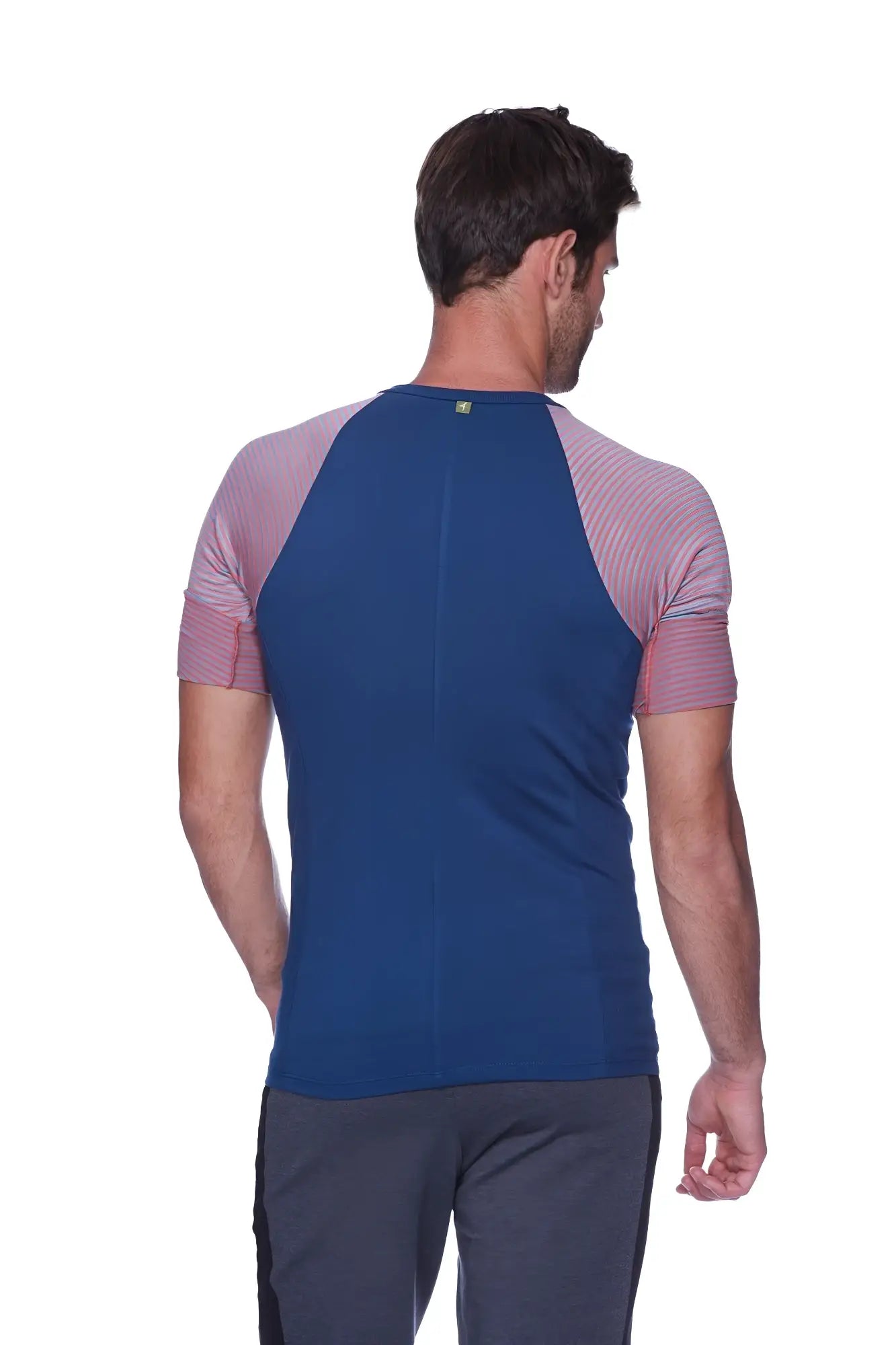Blue and pink performance short-sleeve raglan virtual crew neck shirt with ribbed sleeves and red grey stripe