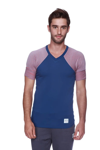 Blue and pink raglan sleeve v neck t shirt with subtle textured pattern on sleeves for casual wear