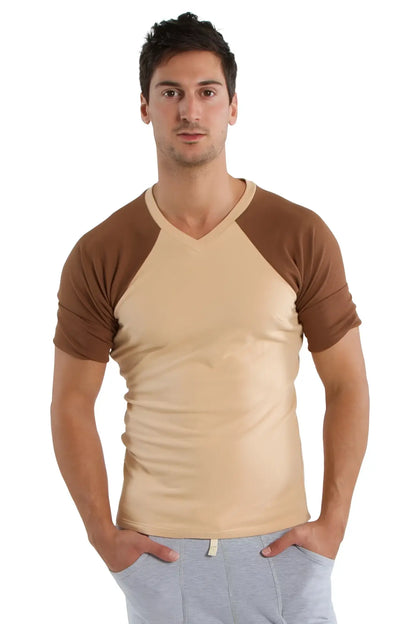 Beige and brown raglan sleeve v neck t shirt in sand with chocolate colors for casual wear