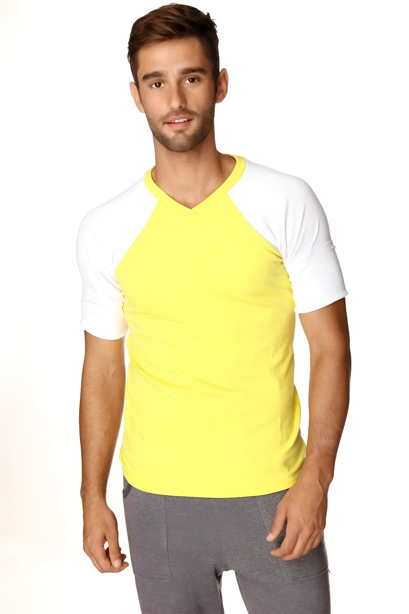 Bright yellow and white raglan sleeve v-neck t-shirt made of soft fabric for casual and active wear