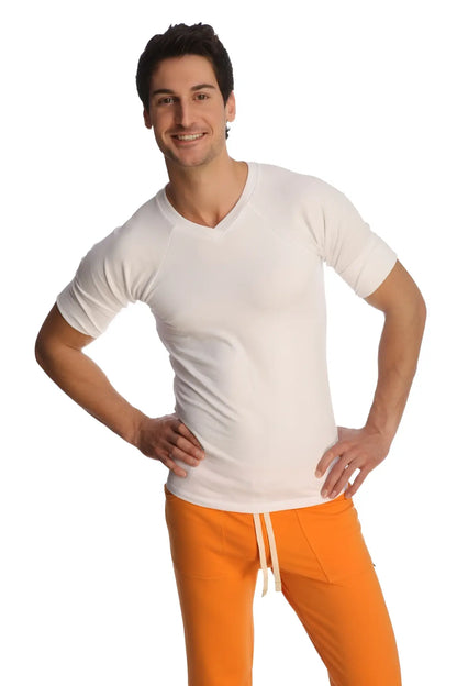 White v neck short sleeved t shirt made from soft fabric featured in raglan virtual crew neck style in white