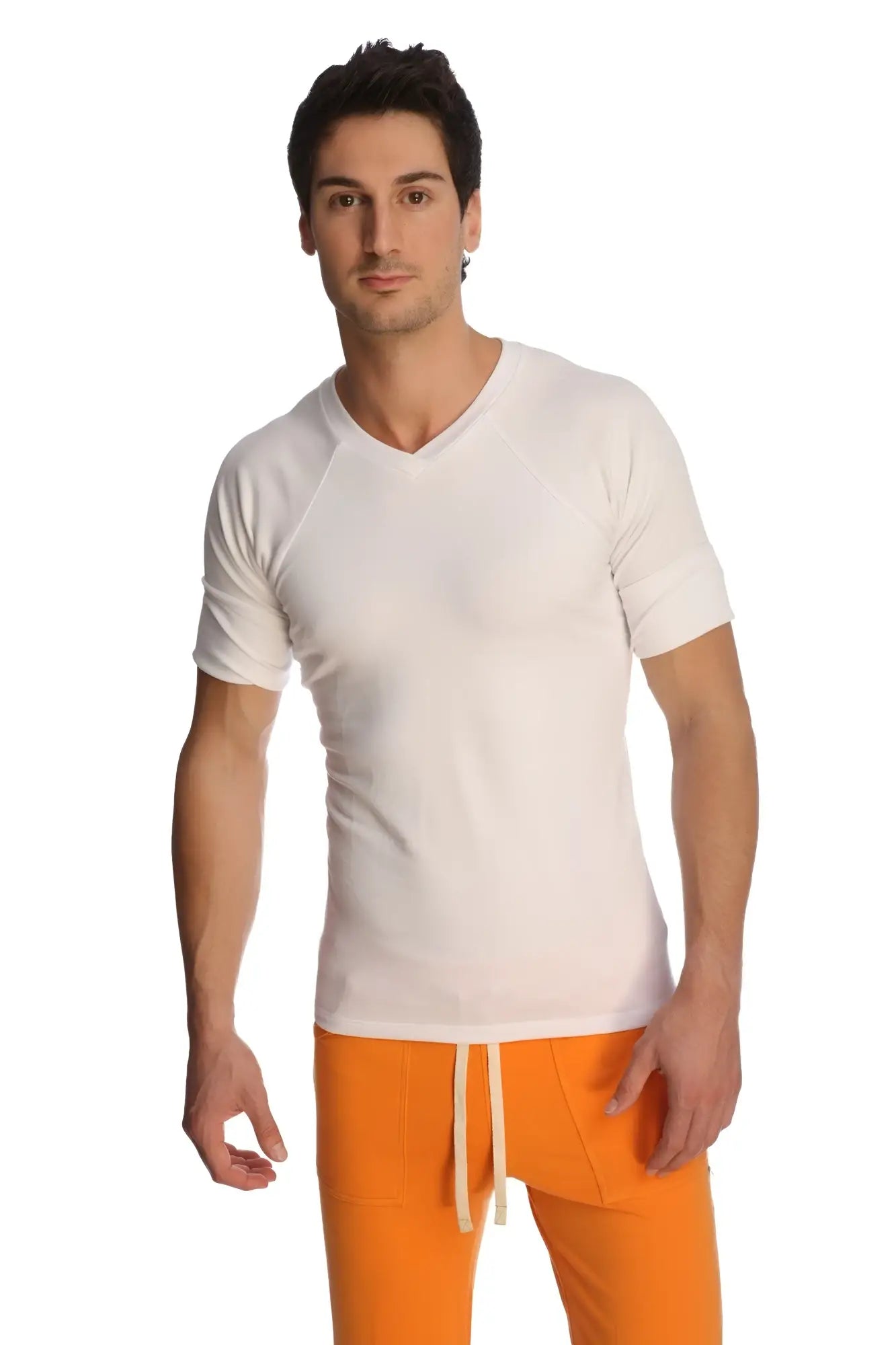 White v-neck short-sleeved t-shirt with subtle raglan sleeves made from soft breathable fabric for casual wear