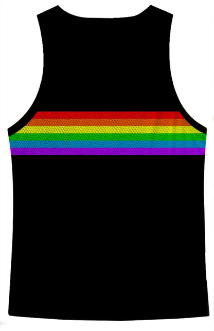 Black sleeveless mesh tank top with a vibrant rainbow chest stripe for casual and active wear