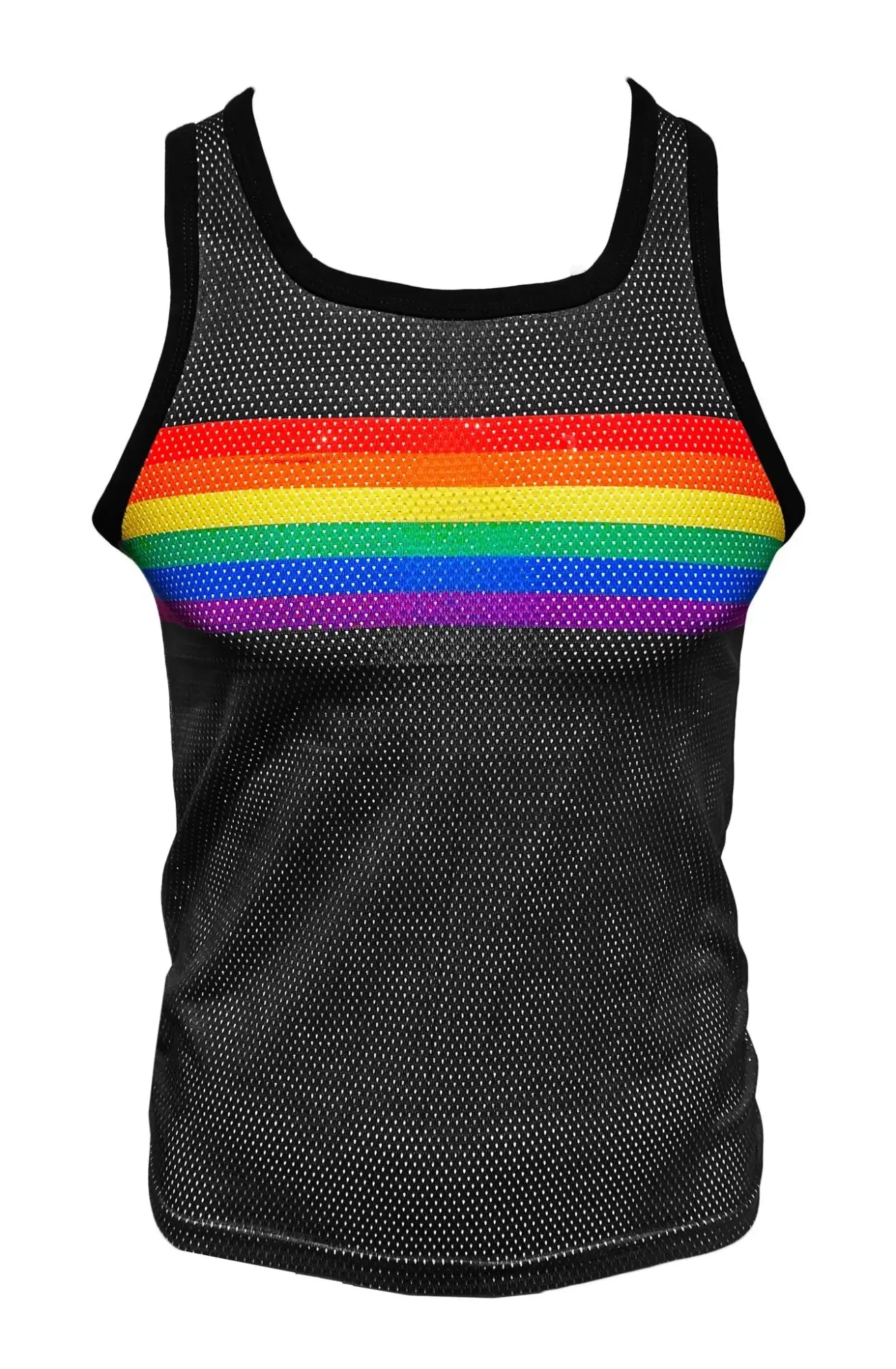 Black mesh tank top with a vibrant rainbow chest stripe perfect for breathable summer wear