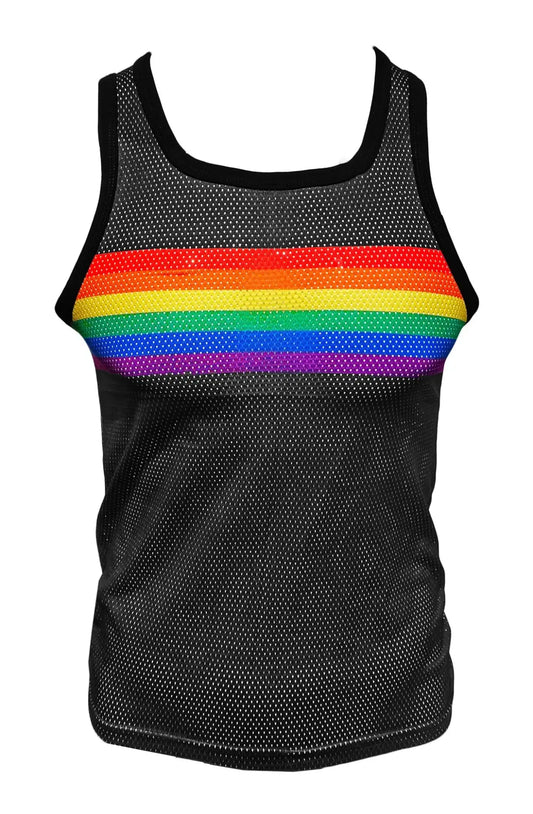 Black mesh tank top with a vibrant rainbow chest stripe perfect for breathable summer wear
