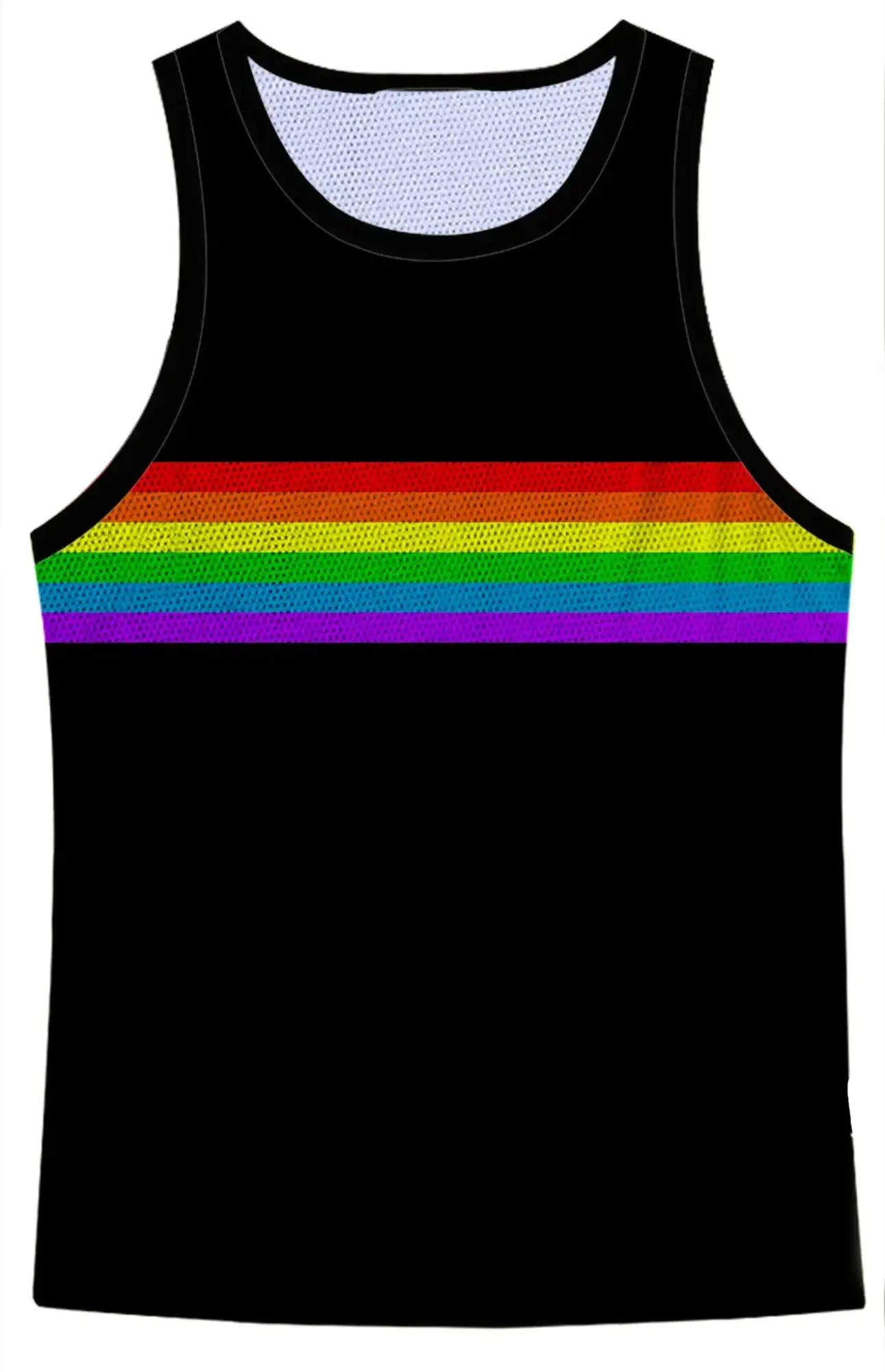 Black mesh tank top featuring a vibrant rainbow stripe across the chest in the rainbow chest stripe mesh tank design
