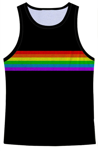Black mesh tank top featuring a vibrant rainbow stripe across the chest in the rainbow chest stripe mesh tank design