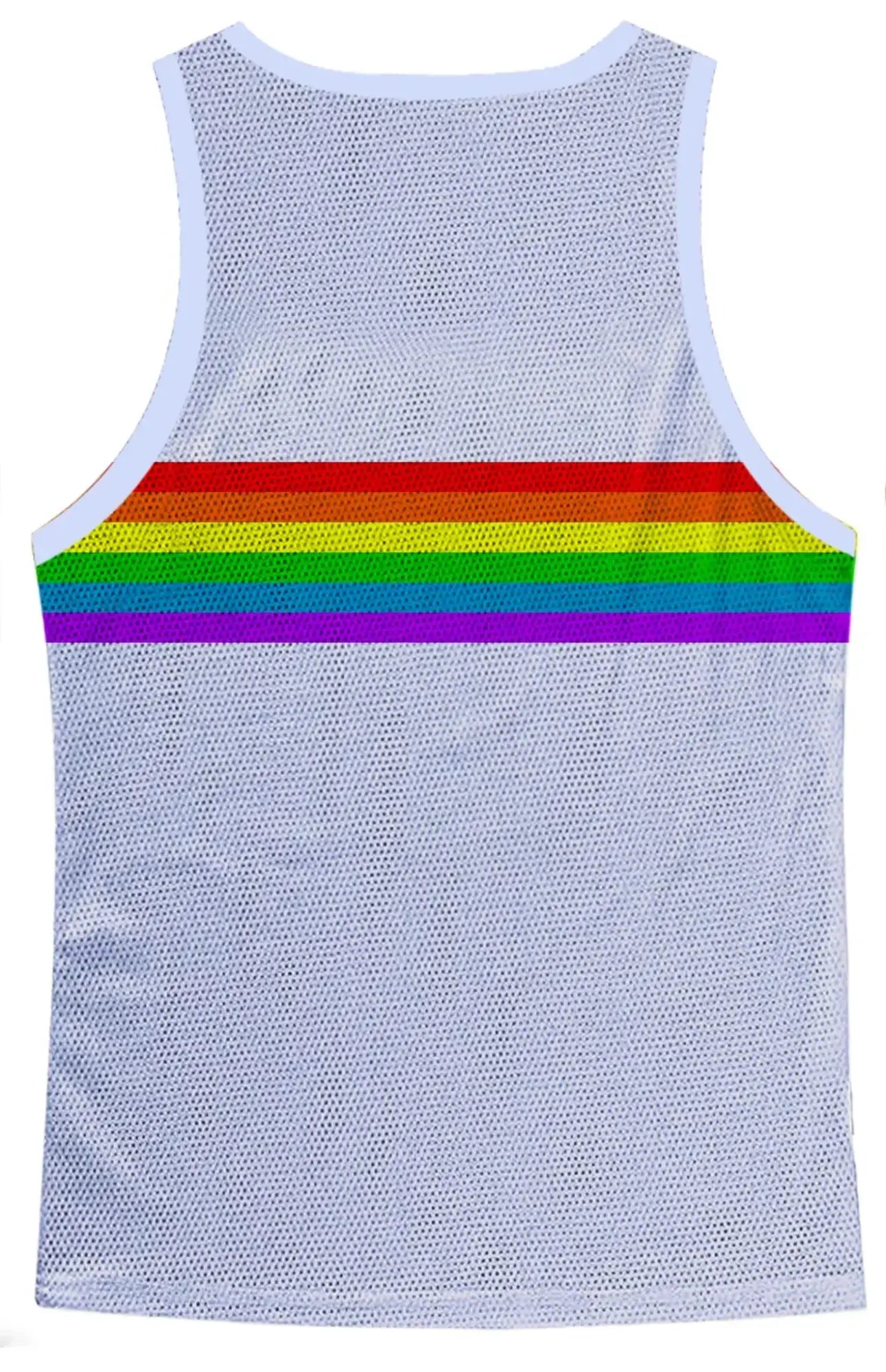 White mesh tank top with a bold rainbow chest stripe in the rainbow chest stripe mesh tank design