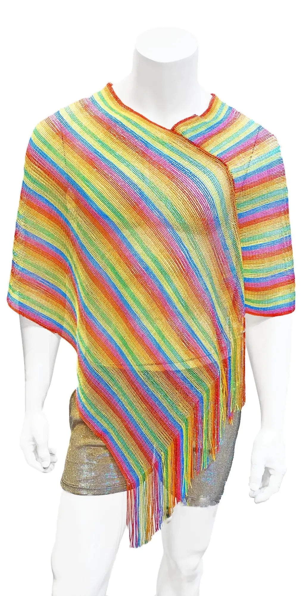 Rainbow glitter poncho knitted with rainbow stripes and fringe detailing ideal for cozy layering