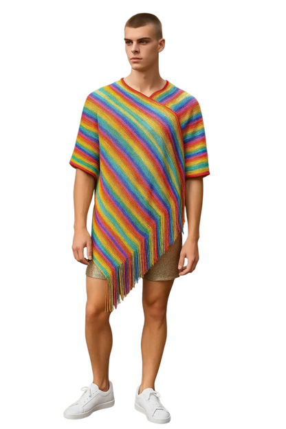 Rainbow glitter poncho with rainbow stripes knitted fabric, fringe hem, and short sleeves for stylish layering