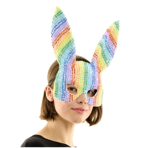A sparkling rainbow rhinestone bunny mask with long pointed ears made of sequins for costume or party use