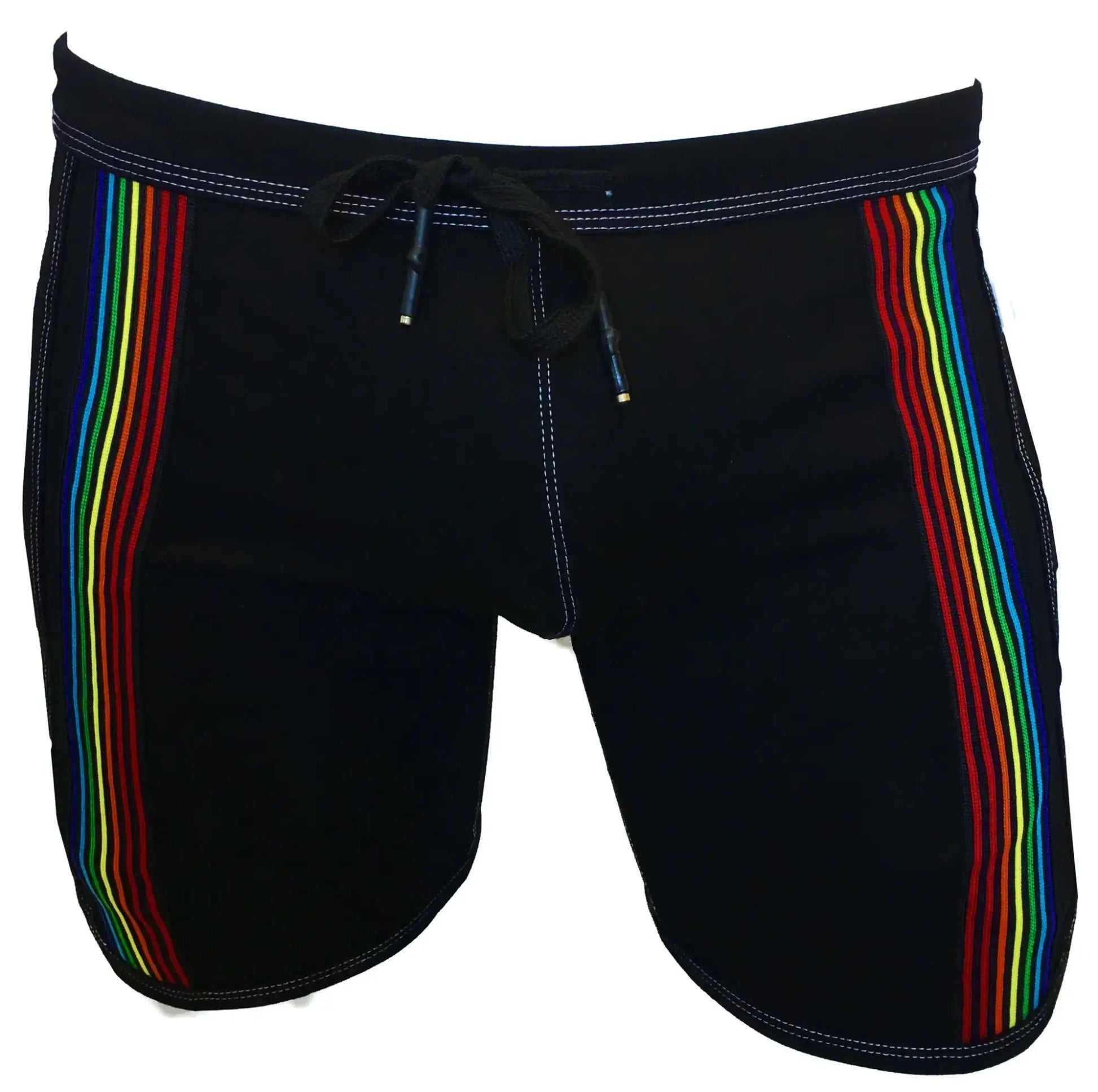 Black swim trunks called rainbow ribbon shorts featuring vibrant rainbow stripes down each side for beachwear