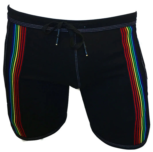 Black swim trunks called rainbow ribbon shorts featuring vibrant rainbow stripes down each side for beachwear
