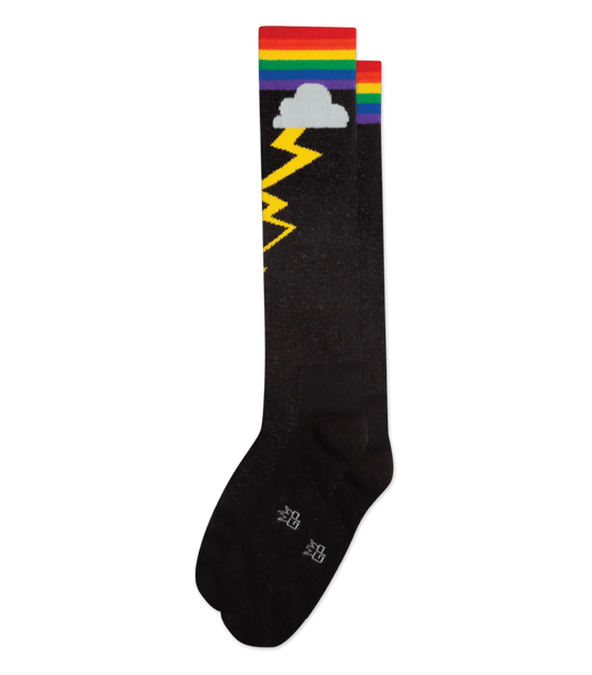 Black knee high socks with vibrant rainbow stripe, white cloud, and yellow lightning bolt design called rainbow storm knee high socks