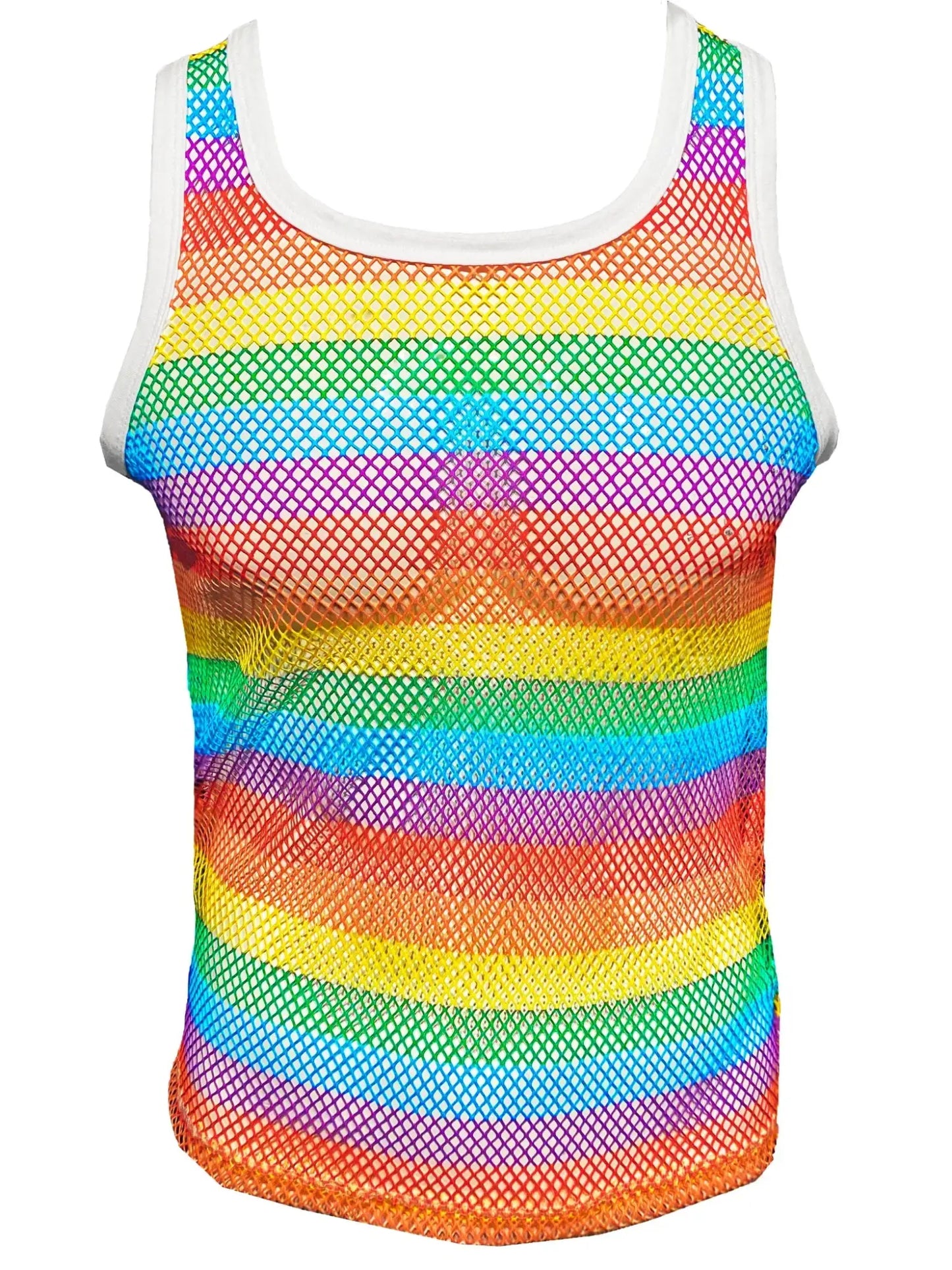 Rainbow stripe fine mesh tank top with white trim featuring vibrant colors and breathable mesh fabric