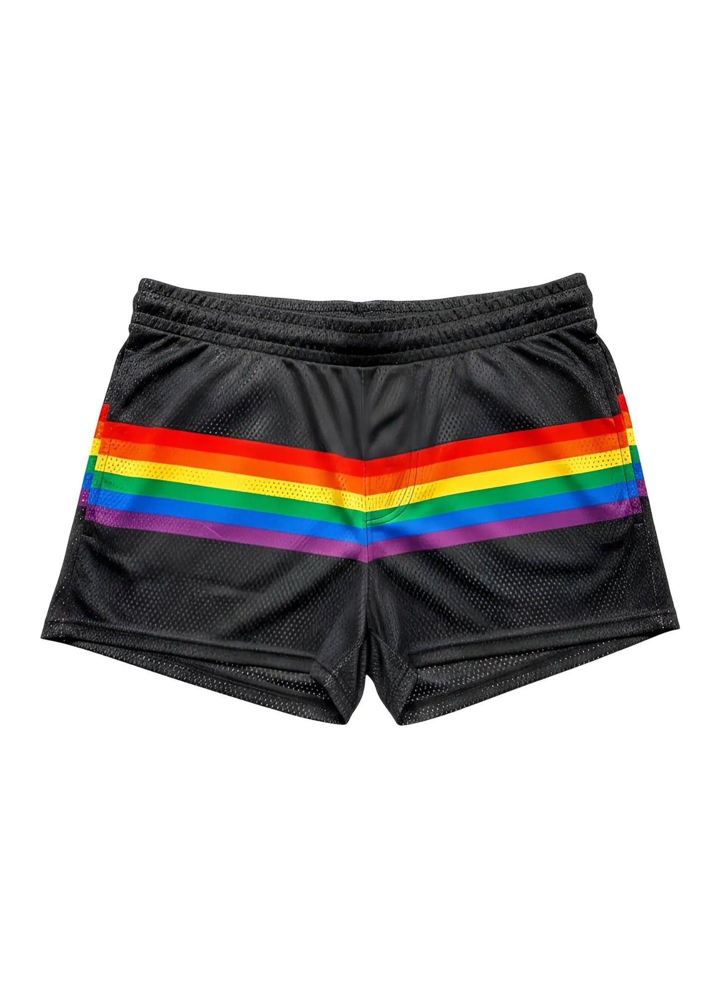 Black mesh athletic shorts with a bold horizontal rainbow stripe across the front for vibrant activewear style