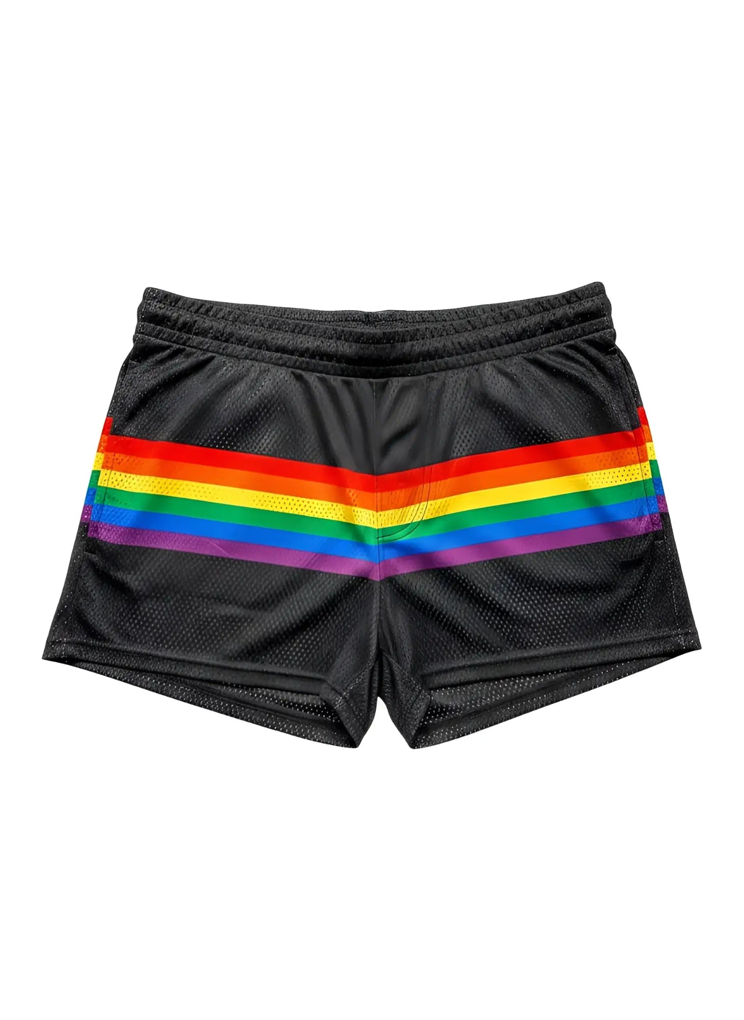 Black mesh athletic shorts with a bold horizontal rainbow stripe across the front for vibrant activewear style