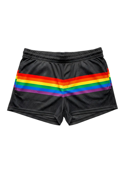 Black mesh athletic shorts with a bold horizontal rainbow stripe across the front for vibrant activewear style