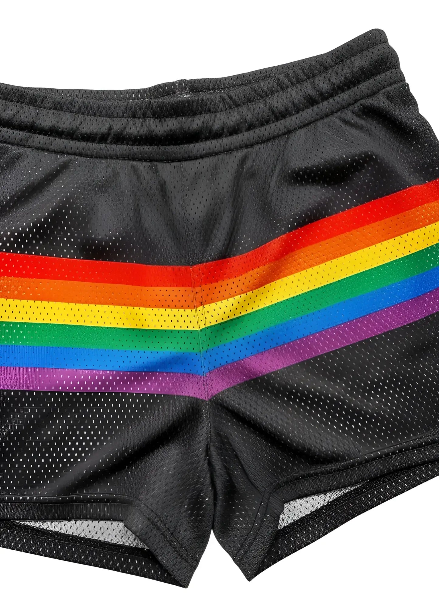 Black mesh athletic shorts with a bold multi-colored rainbow stripe across the front called rainbow stripe mesh shorts