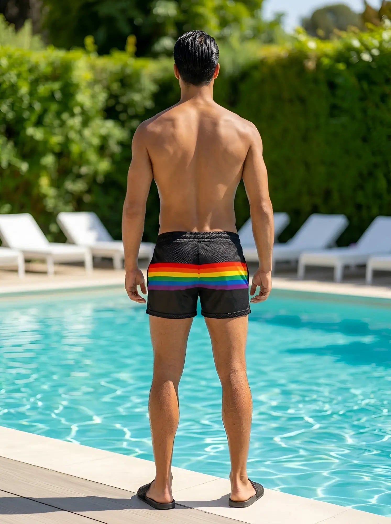 Black mesh swim shorts with a vibrant rainbow stripe across the waistband in rainbow stripe mesh shorts design