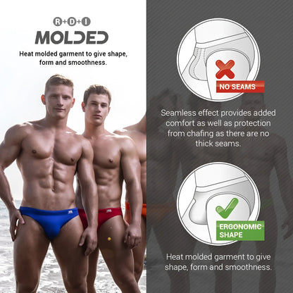 Rainbow swim brief swim trunks in blue and red heat-molded fabric with no seams and ergonomic shape