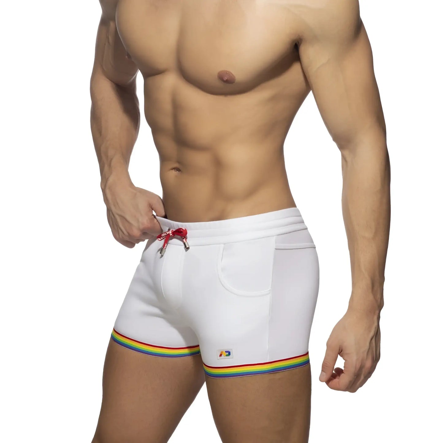 White cotton swim trunks with rainbow trim and red drawstring from rainbow tape cotton short collection