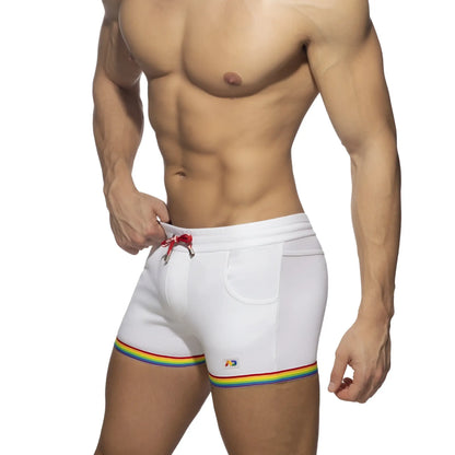 White cotton swim trunks with rainbow trim and red drawstring from rainbow tape cotton short collection