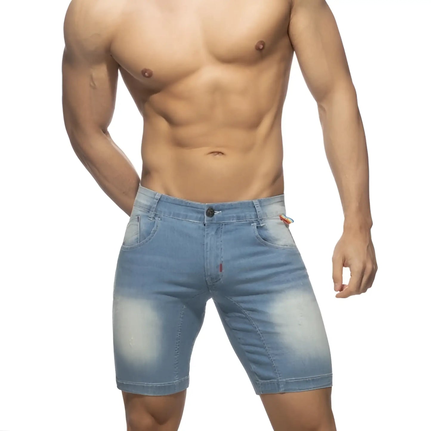 Rainbow tape jean short light-wash denim shorts with faded distressing and classic five-pocket design
