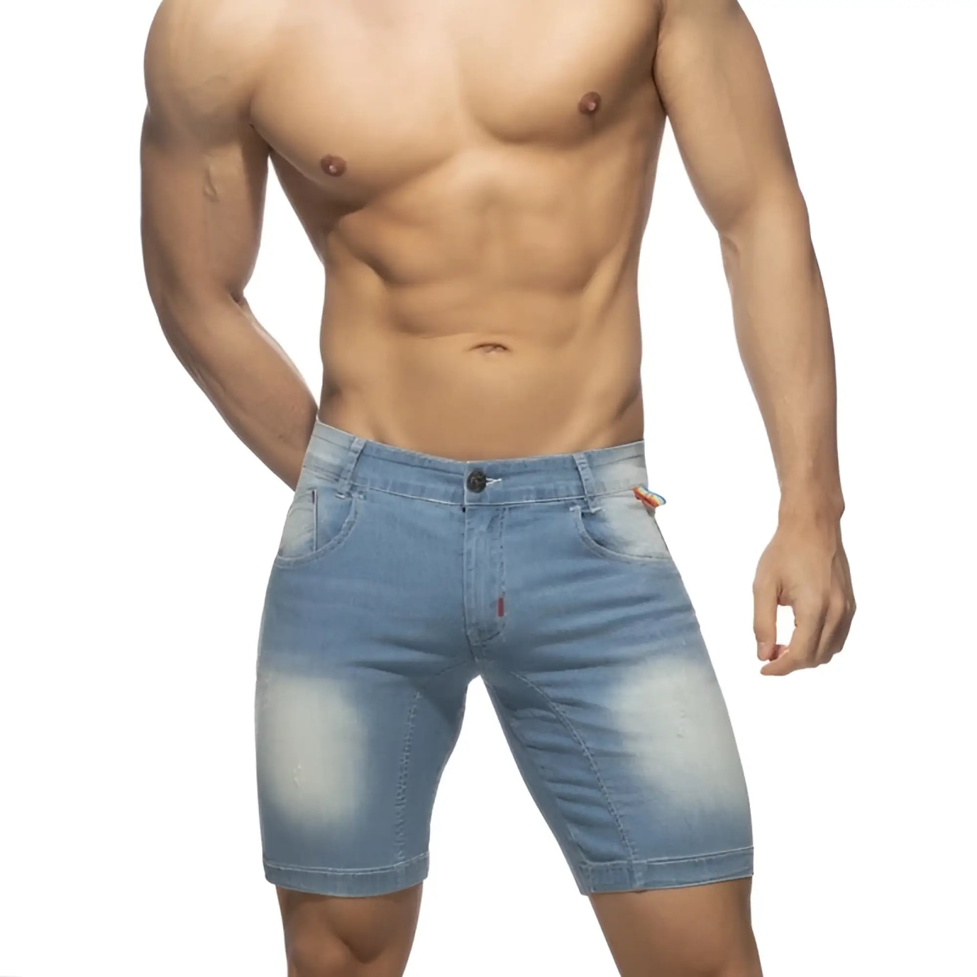 Rainbow tape jean short light-wash denim shorts with faded distressing and classic five-pocket design