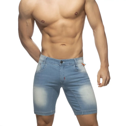 Rainbow tape jean short light-wash denim shorts with faded distressing and classic five-pocket design