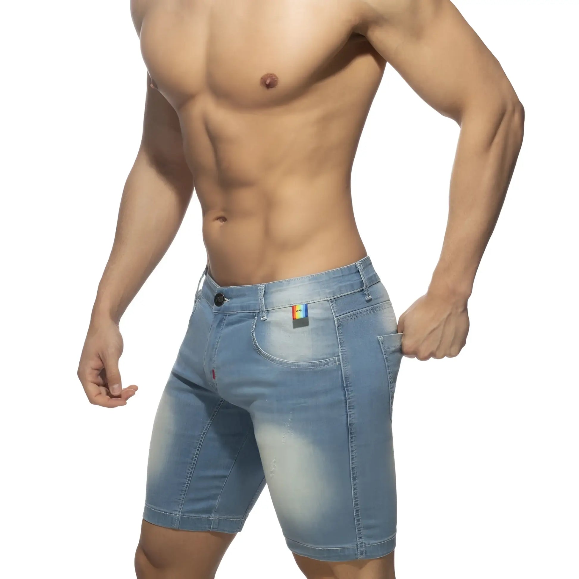 Rainbow tape jean short light-wash denim shorts with faded distressed look and subtle thigh fading