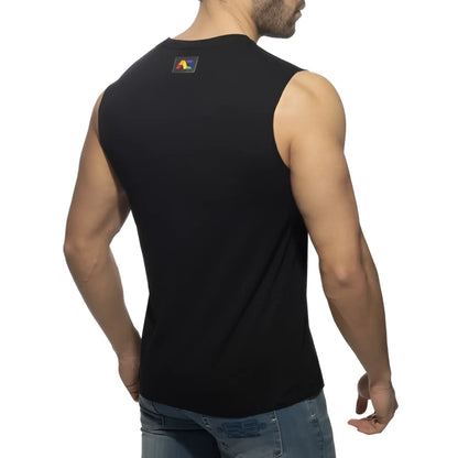 Black sleeveless tank top with a small colorful logo patch on the upper back showing the back side of the rainbow tape tank top