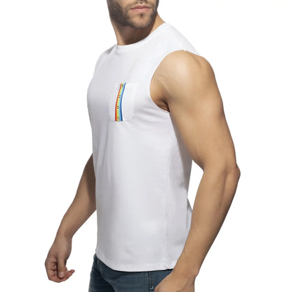 White sleeveless tank top with a rainbow-striped pocket detail perfect for casual summer wear