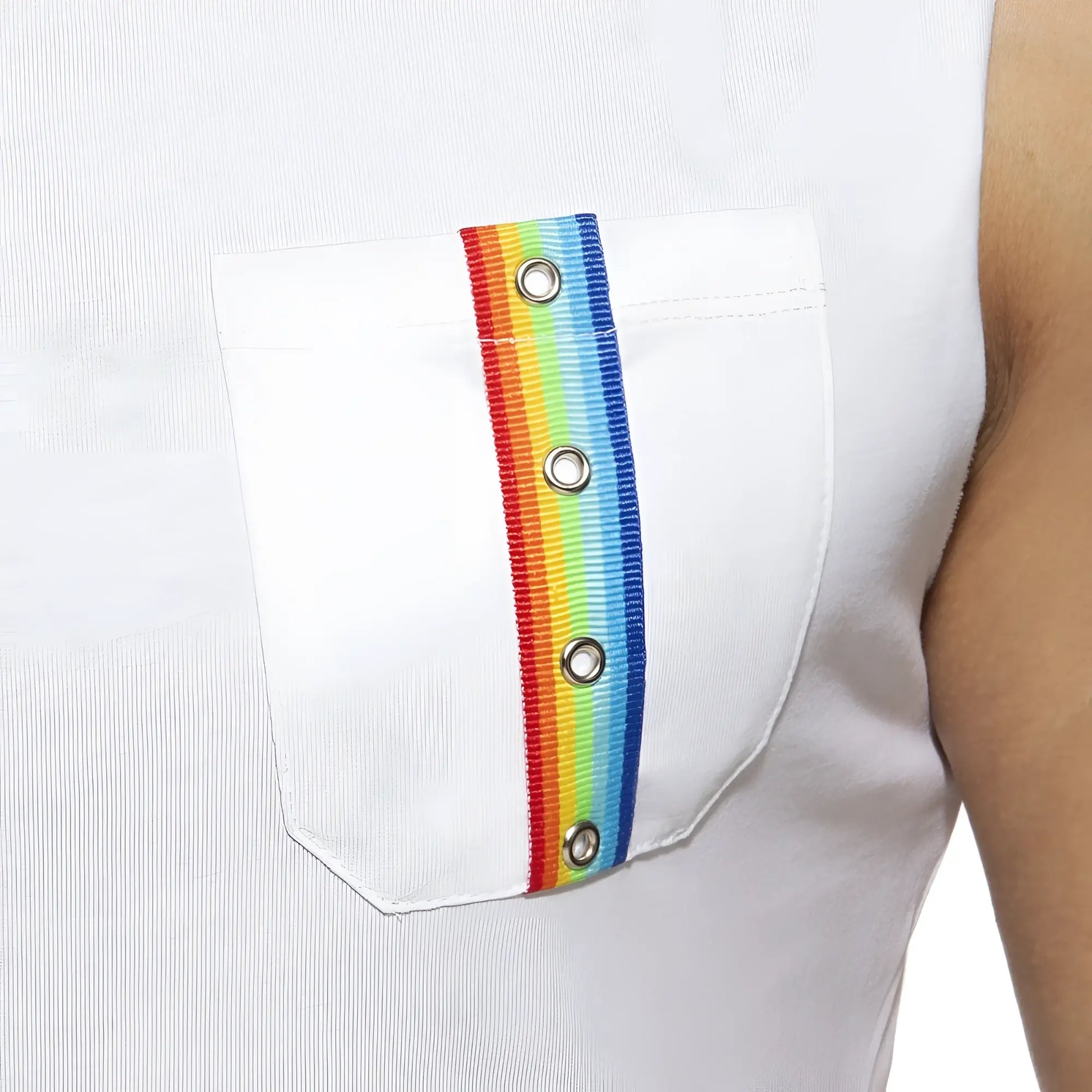 White sleeveless tank top with a rainbow-striped ribbon and silver grommets on the front pocket