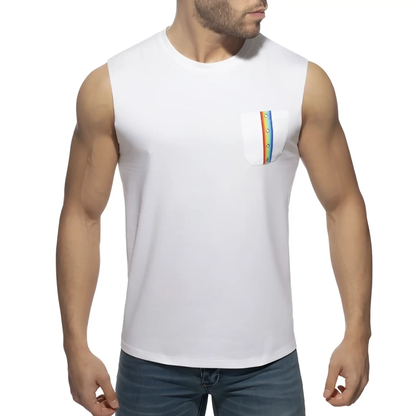 White sleeveless cotton tank top with rainbow-striped pocket detail perfect for casual summer wear